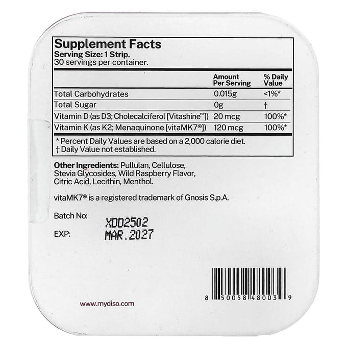 Diso, Vitamine D3 + K2, Framboise Sauvage, Bandes Orales, 30