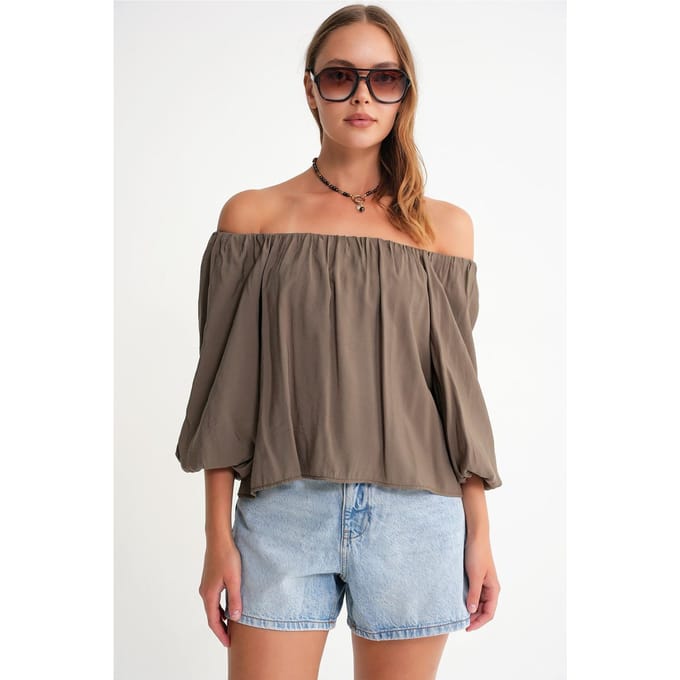 Modal Gemengde Blouse met Madonna Kraag en Rimpeldetail