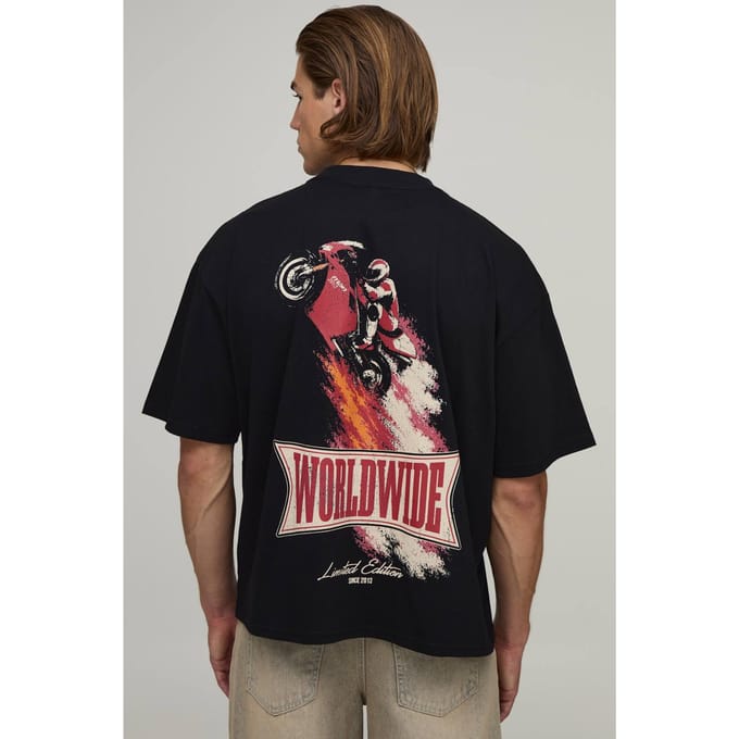 Zwart Oversized Boxy T-shirt Met Wereldwijde Motorprint | Black | Size Large