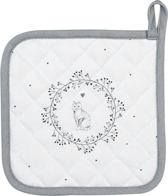 Clayre & Eef Pannenlap 20x20 cm Wit Grijs Katoen Kat