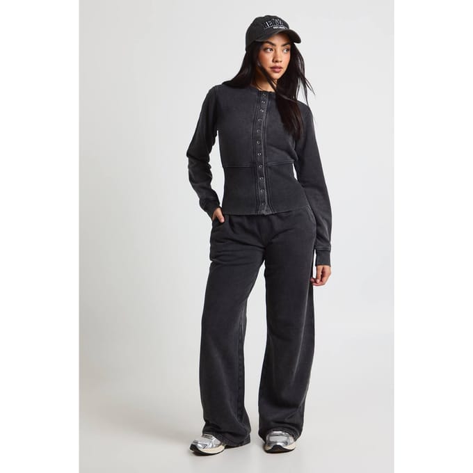 boohoo Dames Gewassen Diepe Zoom Drukknoop Bomber Sweatshirt Trainingspak | Zwart | Maat: Medium