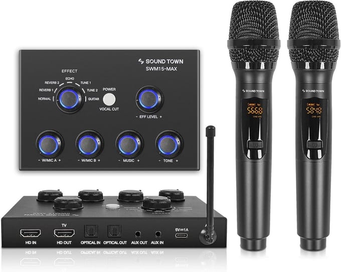 Draadloze microfoonmixer voor thuiskaraoke met 16 zenders en 2 microfoons