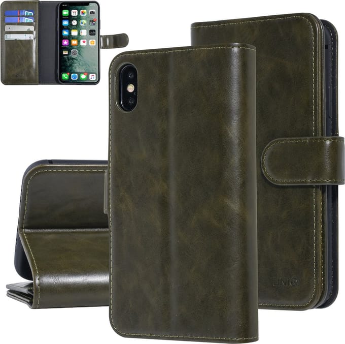 UNIQ Accessory iPhone Xs Max Zachte huid Booktype hoesje - Pasjeshouder 3 pasjes - Donker Groen