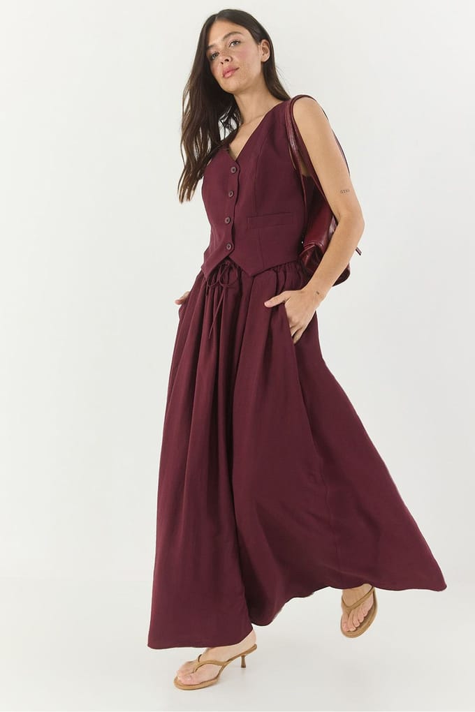 V-hals Vest en Maxi Rok Twee-Stuk Coördinaat Set
