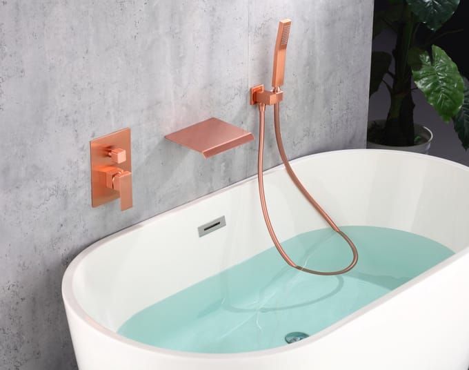 WEBO Deluxe inbouw badkraan met handdouche complete set - koper - watervalontwerp - twee-knop bediening complete set