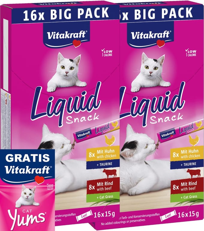 2 stuks Vitakraft liquid snack multipack kip en rund met GRATIS Vitakraft Yums 40 gram