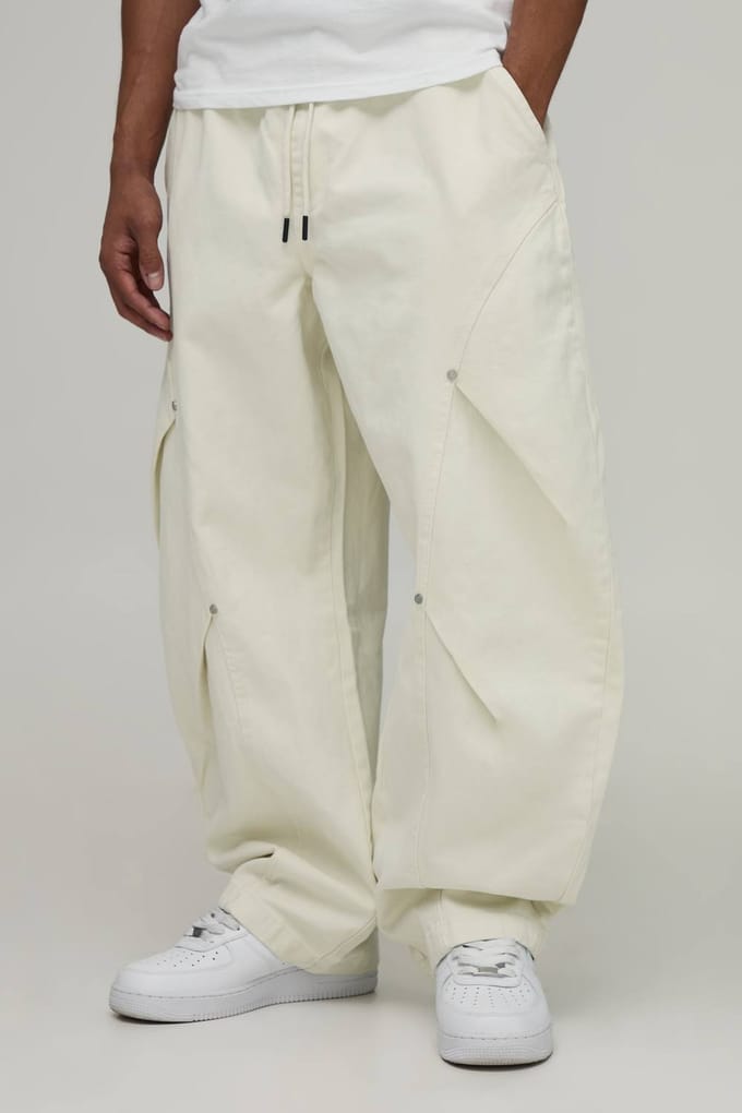 Ballonmodel Broek Met Elastische Taille, Dubbele Beenplooi En Twill Stof | Ecru | Size Medium