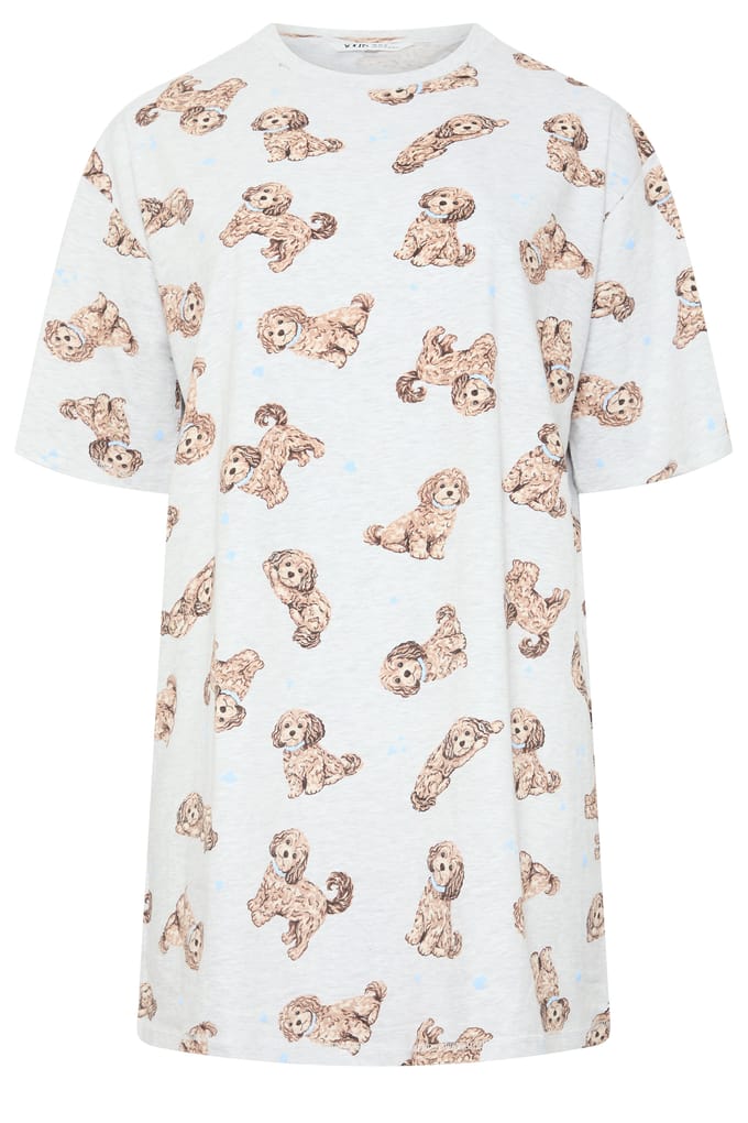 Yours Curve Slaapshirt Met Puppyprint In Gemêleerd Grijs Size 46-48