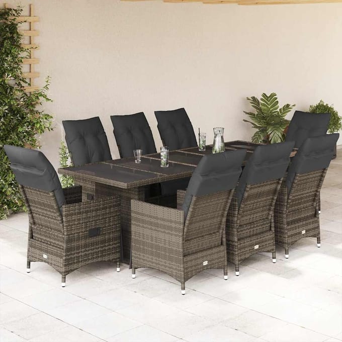 vidaXL - 9-delige - Bistroset - met - kussens - poly - rattan - grijs