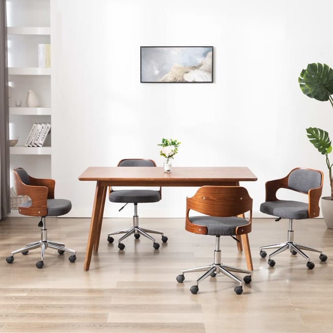 vidaXL - Eetkamerstoelen - 4 - st - draaibaar - gebogen - hout - en - stof - grijs