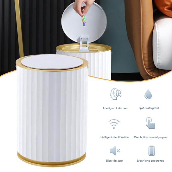 Slimme Sensor Prullenbak Waterdicht Keuken Badkamer Sensor Prullenbak met Deksel Grote Capaciteit Afvalbak white