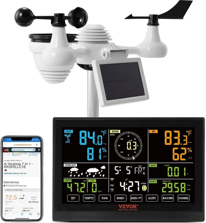Collox Wifi Professioneel Weerstation - 7 in 1 - Draadloos - Kleurendisplay - Buitensensor - Binnensensor - Weather Underground Koppeling