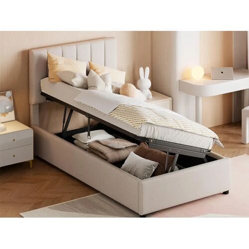 Merax Opbergbed 90 x 200 cm, linnen stof, kleur beige
