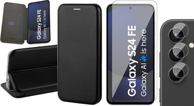 Hoesje geschikt voor Samsung Galaxy S24 FE - Screenprotector Glas & Camera - Wallet Book Case Zwart