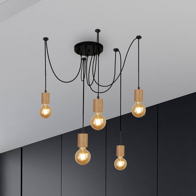 Searchlight Spinny hanglamp, spin, Ø 28 cm, 5-lamps, rubberhout, E27
