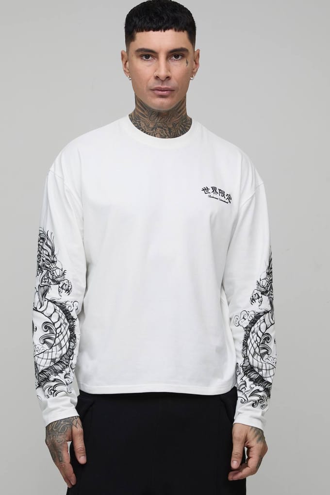 Tall Oversized Dragon Grafische Lange Mouw T-Shirt | White | Size Medium