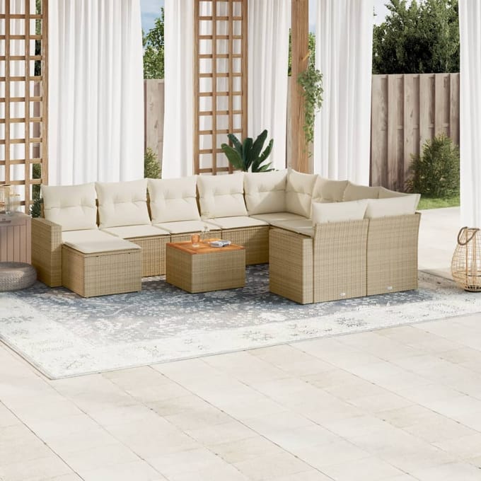 vidaXL - 11-delige - Tuinset - met - kussens - poly - rattan - beige