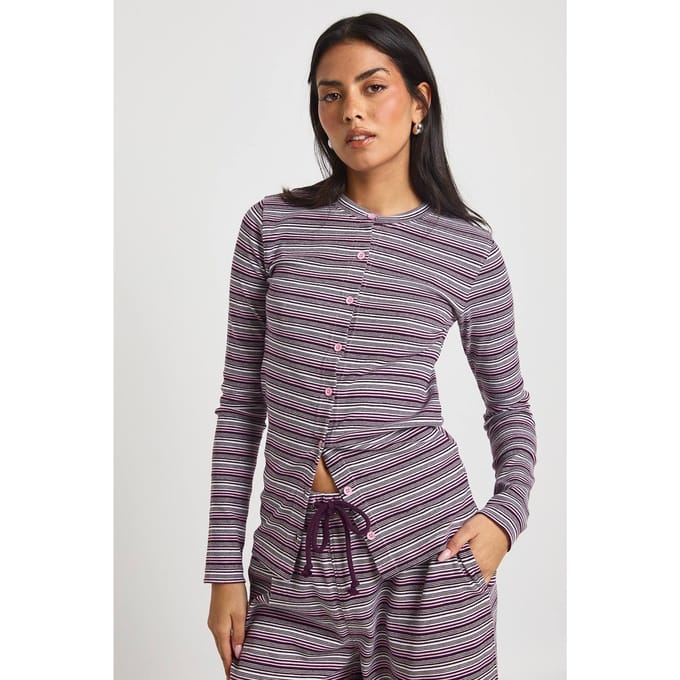 boohoo Dames Gestreepte Rib Doorknoop Lange Mouwen Top | Roze | Maat: 36