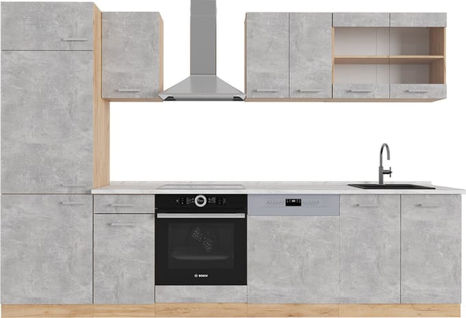 Vicco R-Line Complete keukeneenheid – 300 cm, WB Marmer Beton/gouden eik
