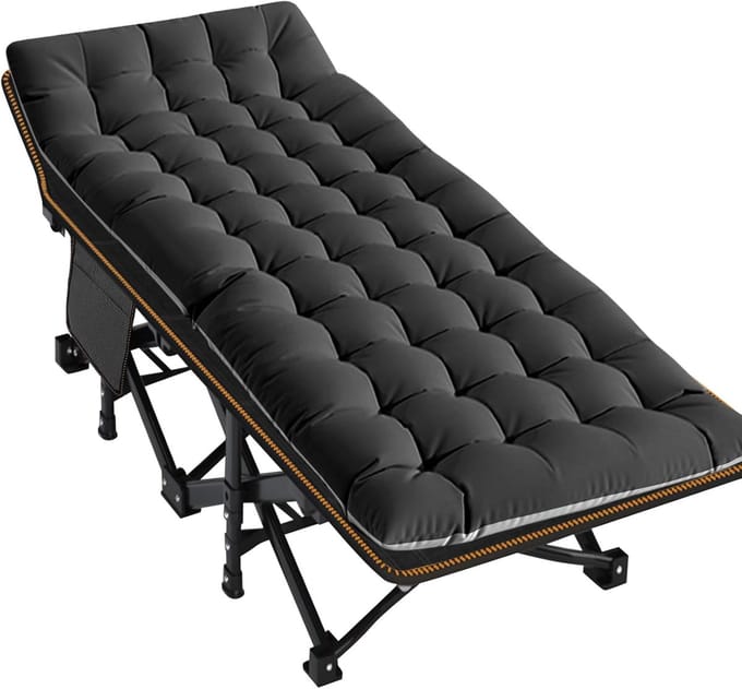 Extra Groot Opvouwbaar Campingbed met Mat – 198×81,5×46 cm, Zwart, Inclusief Draagtas