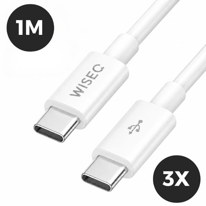 USB C kabel 1 meter - USB C naar USB C snellaadkabel 60W - 3 stuks - oplaad- en datakabel met USB C aansluiting - geschikt voor iPhone en Samsung - wit - WiseQ