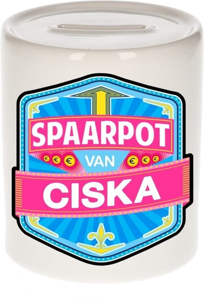 Bellatio Decorations Kinder spaarpot met naam - Ciska - keramiek - met dop - wit - Sparen - Spaargeld van Ciska