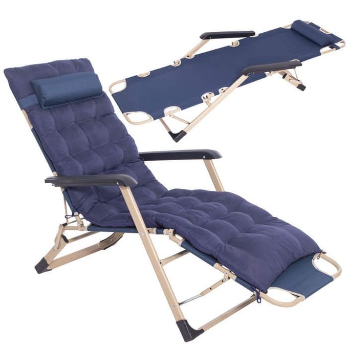 Springos Tuinstoel | Ligstoel | Opvouwbaar | Verstelbaar | Ergonomische Hoofdsteun | Met Kussen | Blauw | Metaal