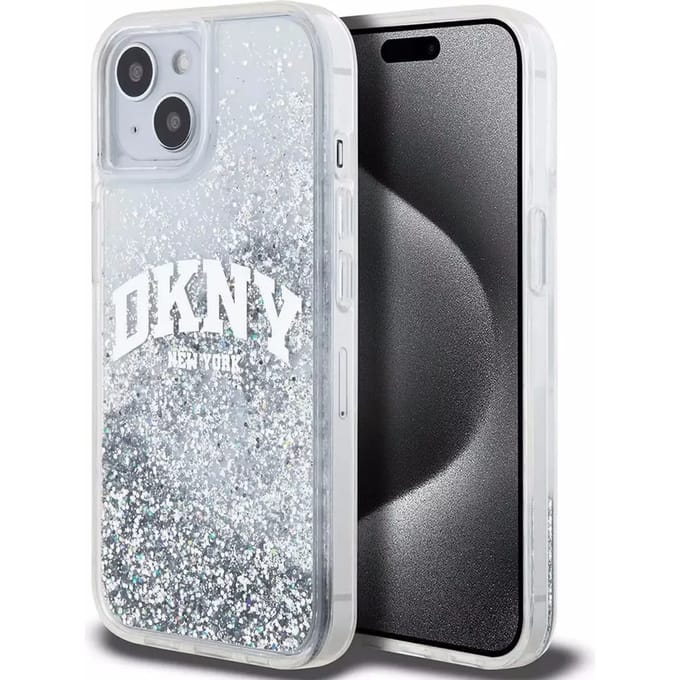 DKNY Liquid Glitter Arch Logo Back Case - Geschikt voor Apple iPhone 15 (6.1") - Wit/Zilver