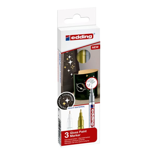 edding 751 glanslakmarker set - wit, goud, zilver (metallic) - 3 verfstiften - ronde punt 1-2 mm - verfpen voor glas, stenen, hout, plastic, papier - waterproof, hoge dekking