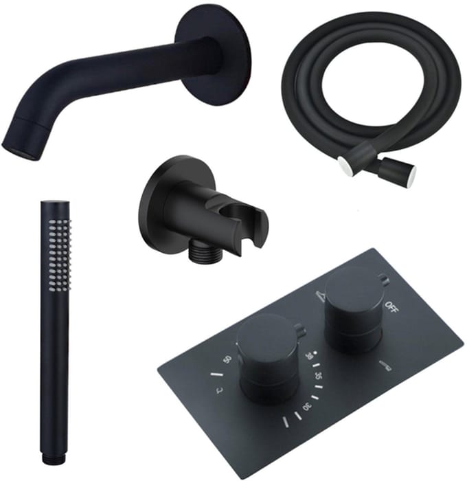 FugaFlow Eccelente Acces Badkraan set - uitloop - 22cm inkortbaar - gladde slang - staafhanddouche - inbouwdeel - wandhouder - mat zwart