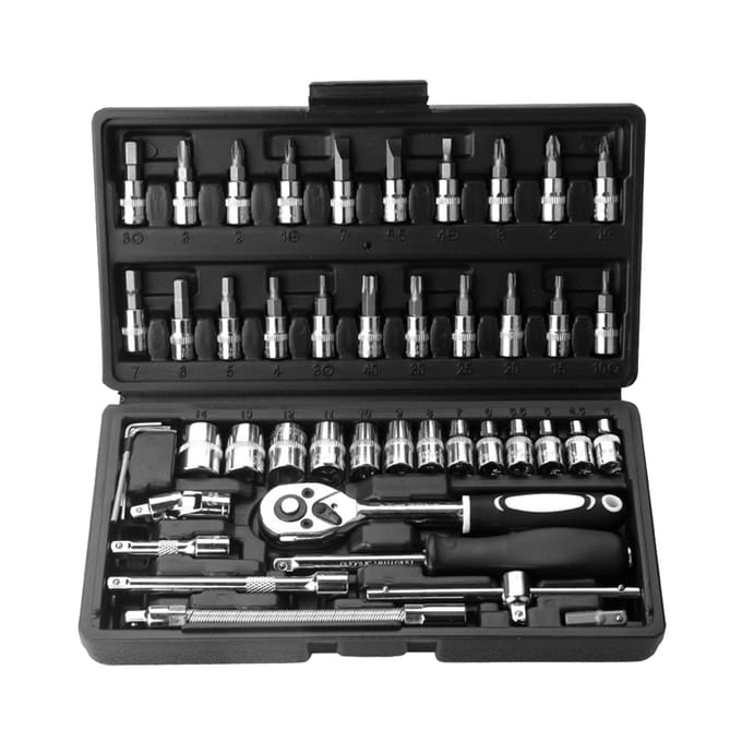 53-delige ratelsleutel- en dopsleutelset 1/4-inch schroevendraaier reparatieset combinatiedop 46pcs & Black Toolbox
