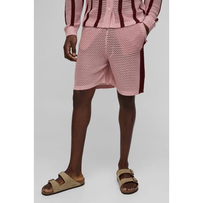 Relaxed Fit Side Stripe Open Stitch Knitted Shorts | Burgundy | Size Small