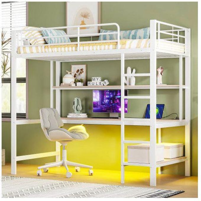 Lit mezzanine - MUVOE - 90x200 cm - Blanc - Prises USB et électrique - Éclairage 7 couleurs blanc