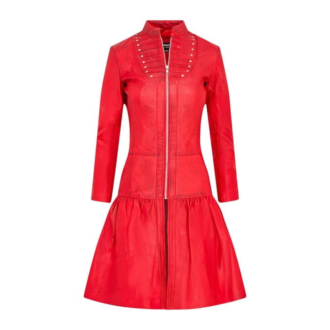 Dames Goth Rood Leren Victoriaanse Studed Flare Coat- Ribet