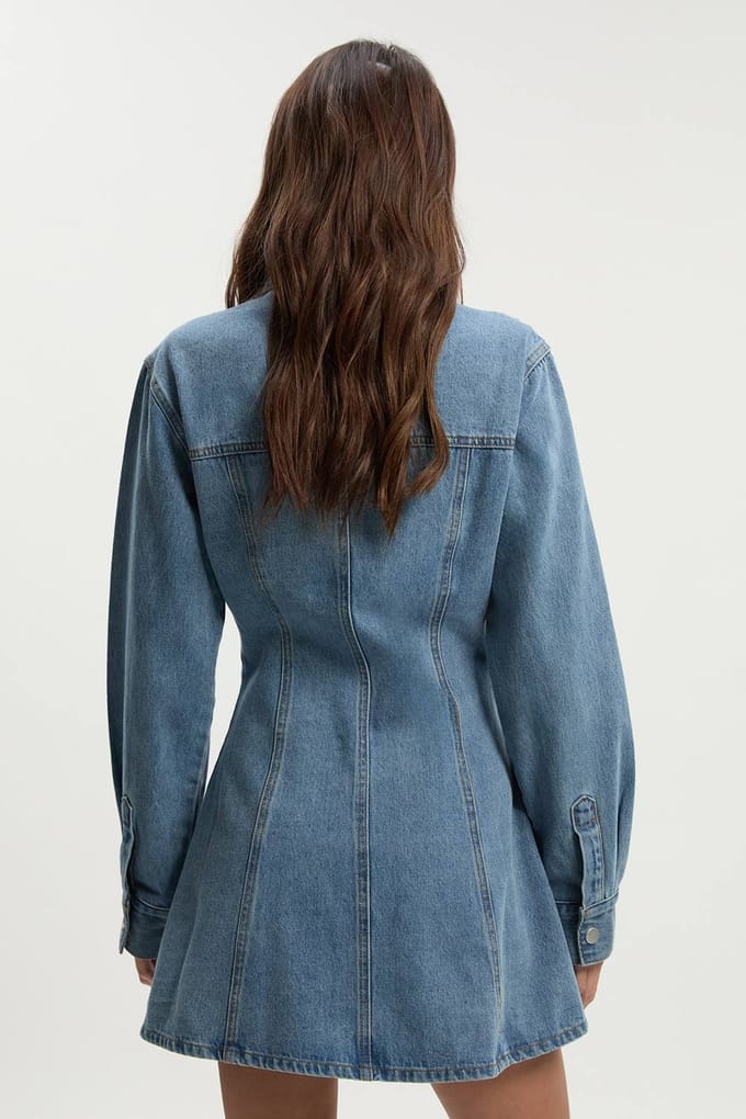 boohoo Dames Long Sleeve Cinched Waist Denim Dress | Medium Blauw | Maat: 42