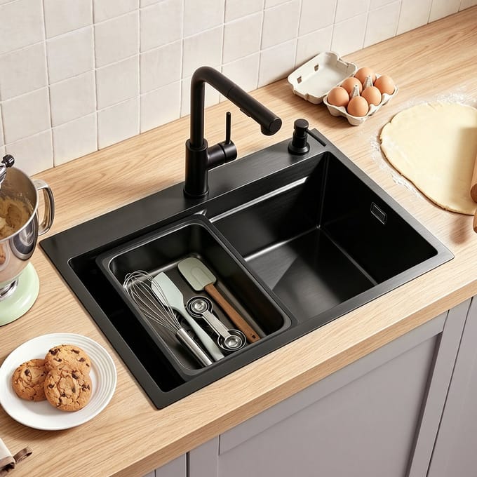 Oraymin Zwarte RVS Spoelbak 70x46 cm - Enkele Opbouw Keukenspoelbak met Overloop