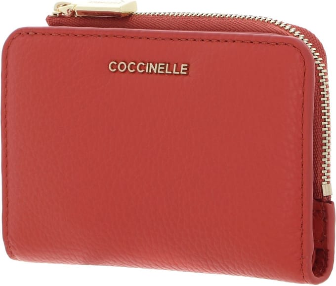 COCCINELLE Leren Portemonnee Metallic Soft Wallet Grained Leather Grenadine Red Lichtrood