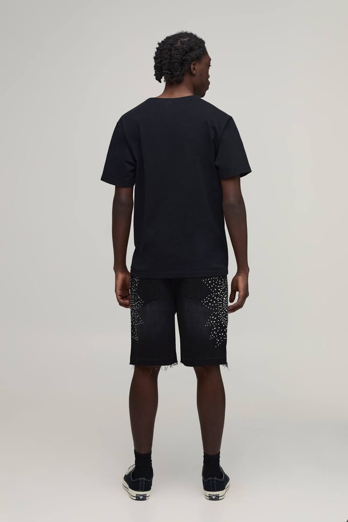 Relaxed Denim Shorts Met Strassteentjes En Ruwe Zoom | Washed Black | Size 34