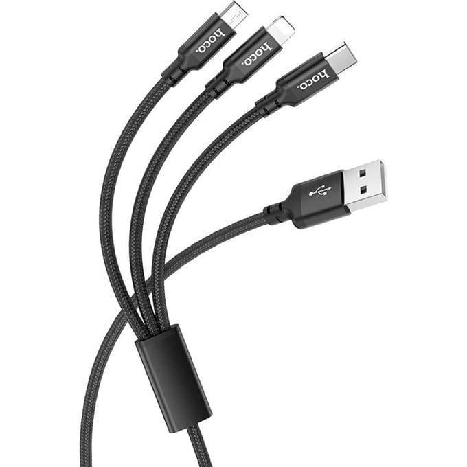 Hoco X14 - 3 in 1 Oplader Micro USB, Lightning en USB C - 2.4A Snellader - Zwart