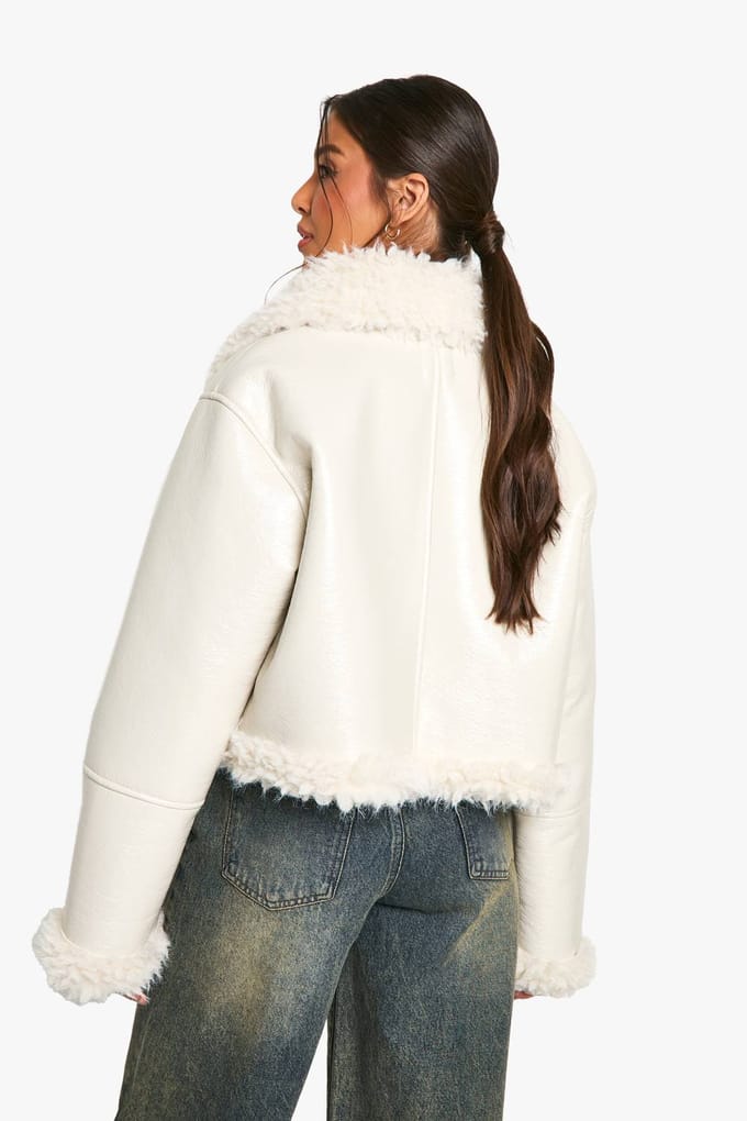 boohoo Dames Vinyl jas met kunstbont afwerking | Off White | Maat: 10