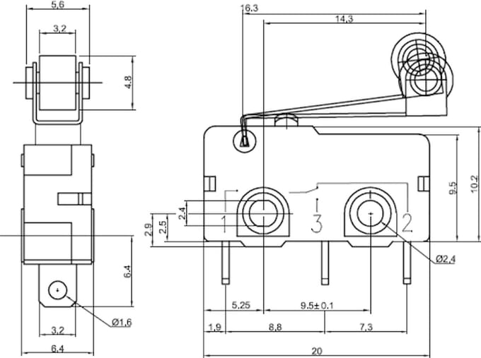 Snap-Action Switch with 16.3mm Roller Lever: 3-Pin, SPDT, 5A Pololu 1404