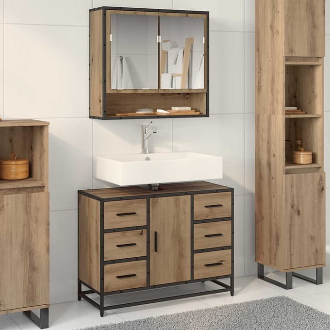 vidaXL - Badkamerkast - Artisan - Eiken - 80 - x - 33 - x - 60 - cm - Bewerkt - hout