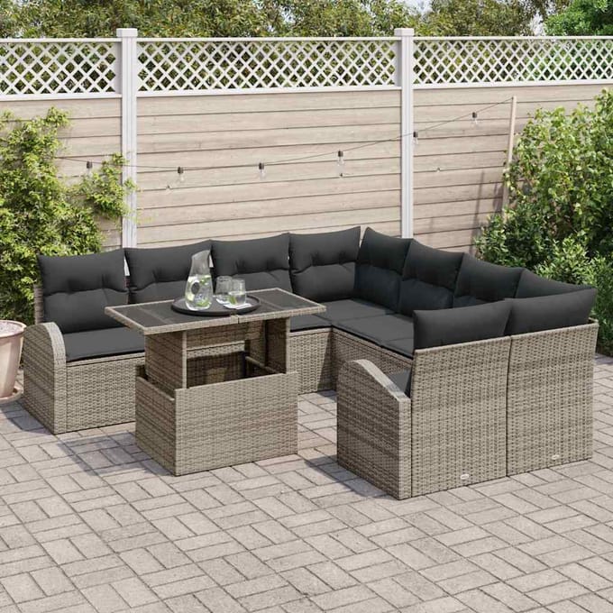 vidaXL Tuinbank Set met kussen met opslag 9 pcs Grijs Poly Riet