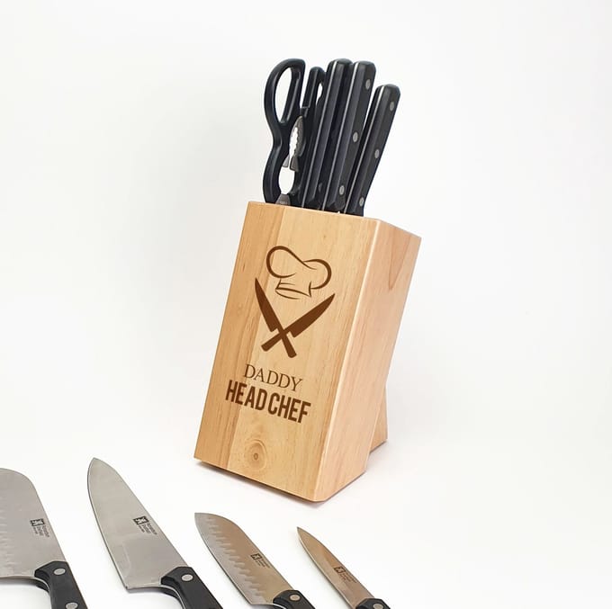 Houten messenblok - Cadeau papa - Vaderdagscadeau - Vaderdag - DADDY HEADCHEF - Gegraveerde messenblok