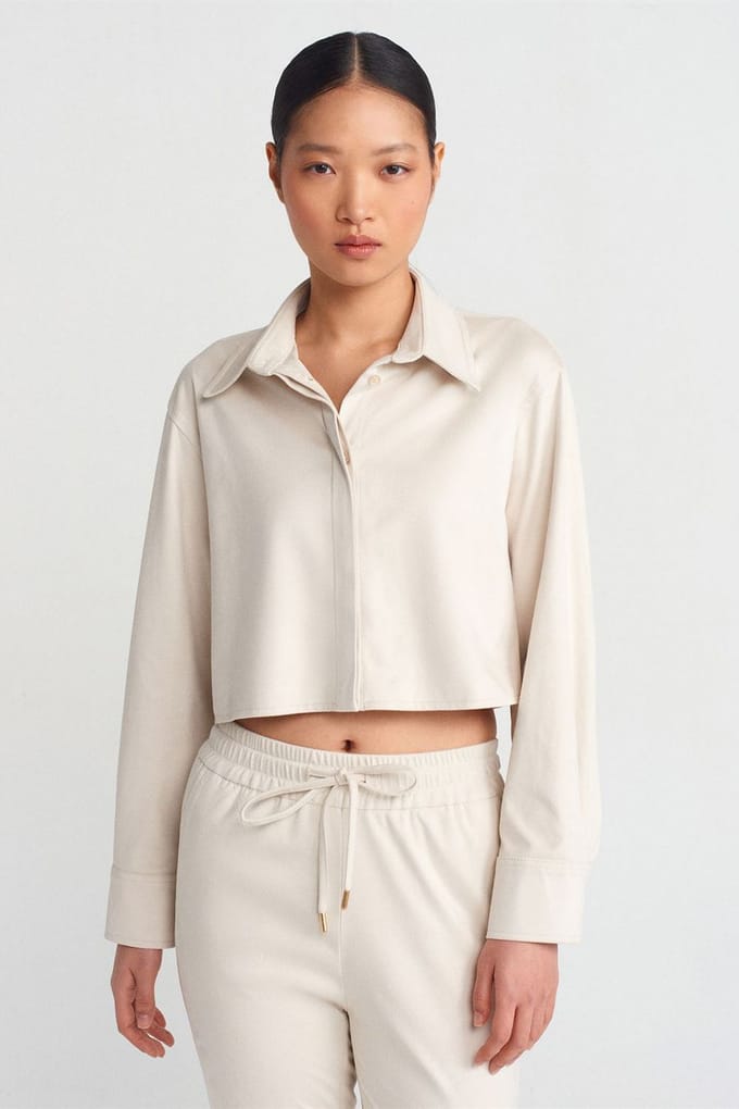 Dames Cropped Faux Suède Knopen Shirt