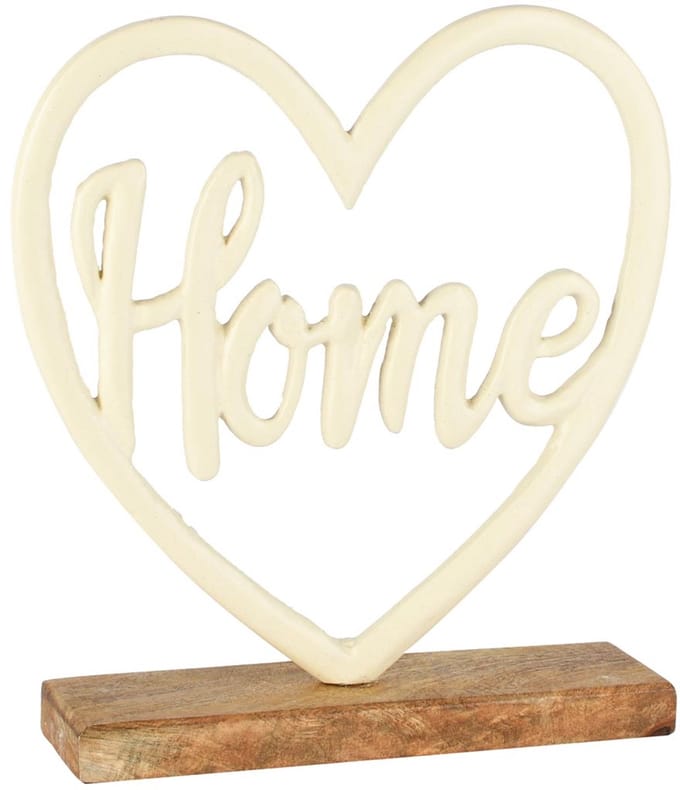 Dekoratief | Deco 'Home' in hart, wit/naturel, aluminium/hout, 19x5x21cm | A258207