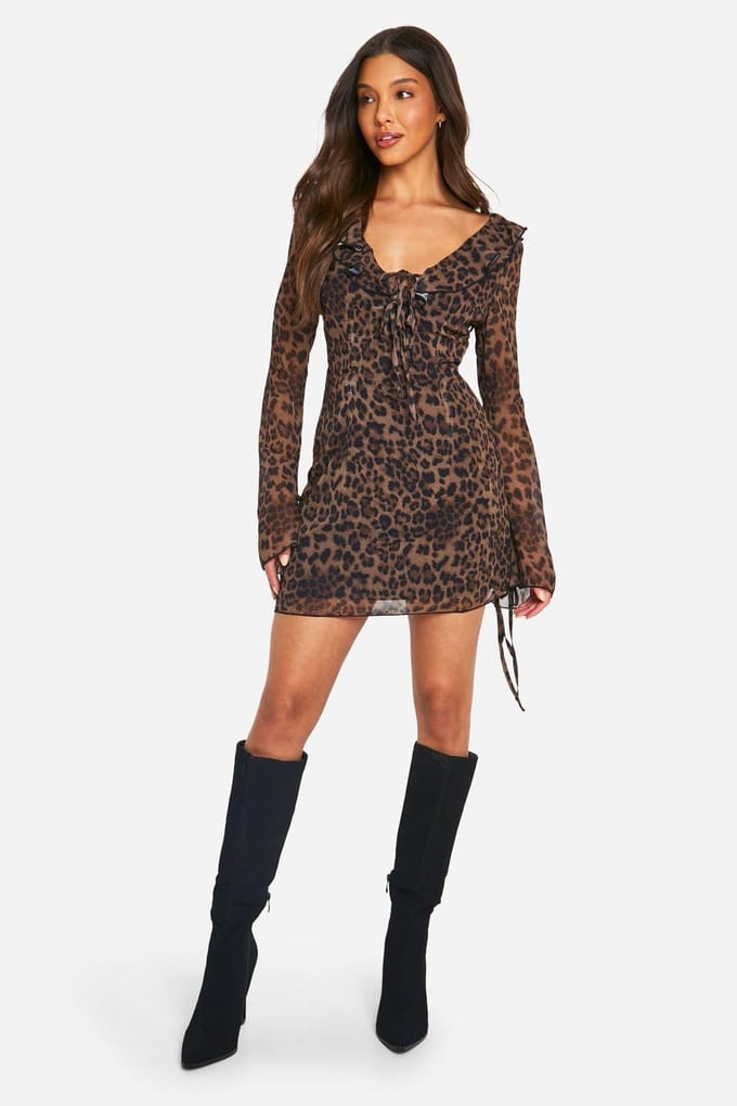 boohoo Dames Leopard Chiffon Ruffle Shift Jurk | Brown | Maat: 8