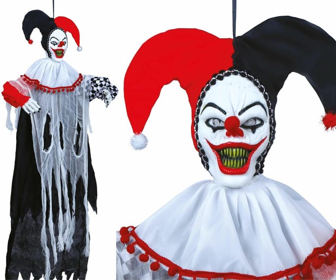 Fiestas Guirca Decoratie pop horrorclown/harlekijn - licht/geluid/beweging - Halloween thema - hangend - 120 cm