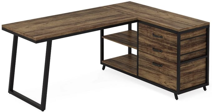 MAZAZU Bureau - Industrieel Hoekbureau - Bruin/Zwart - 135x100x75cm