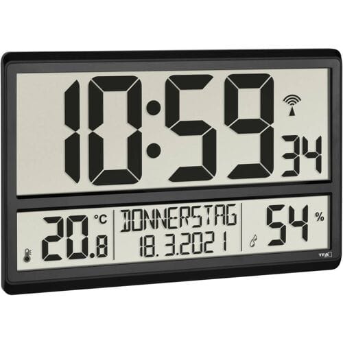 TFA Dostmann 60.4520.01 Wandklok Zendergestuurd 36 cm x 2.8 cm x 23.5 cm Zwart Groot display